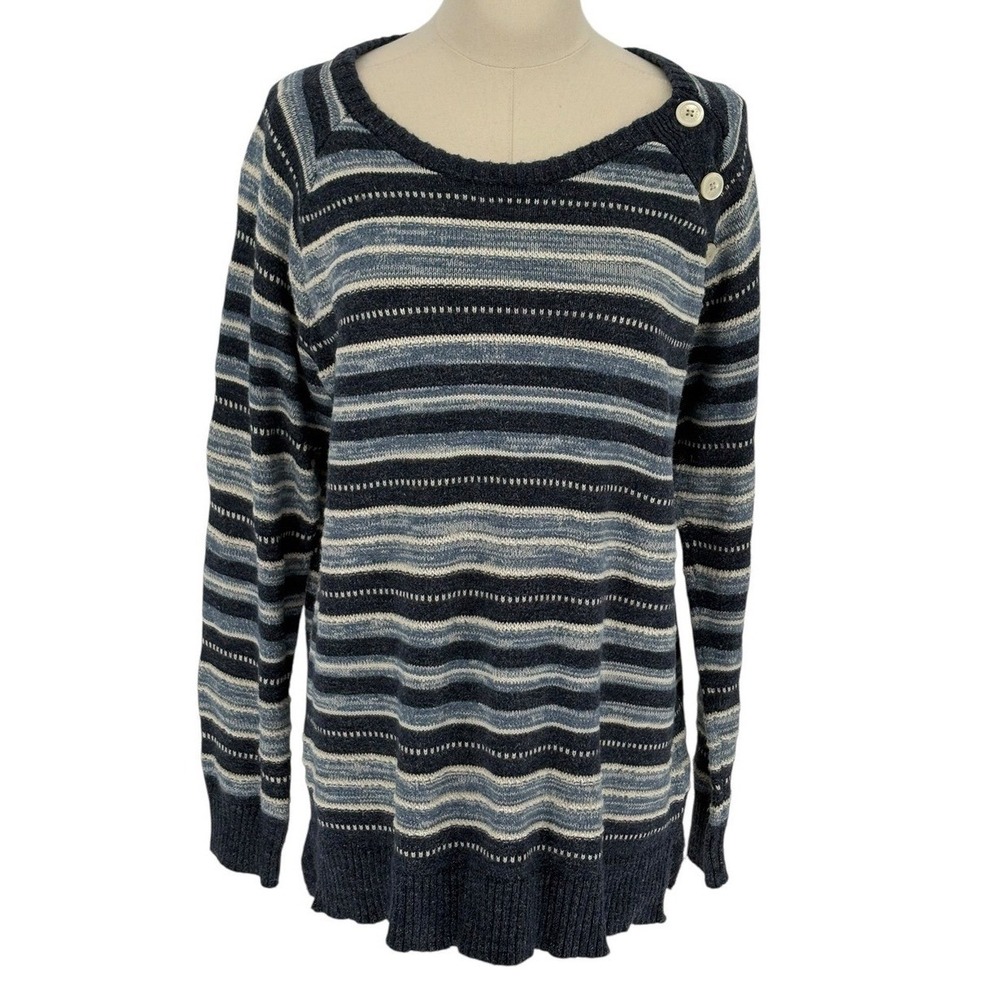 Chaps XL Blue Striped 100% Cotton Knit Sweater Button Shoulder Detail